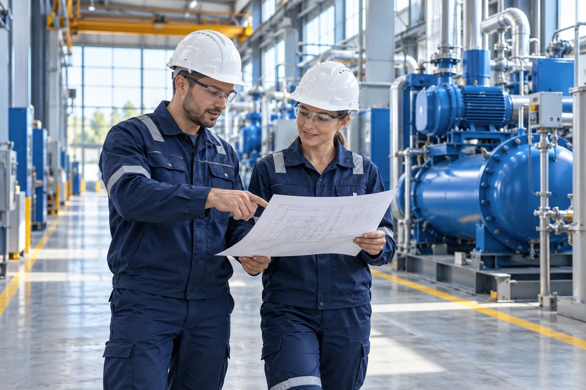 Dos técnicos revisando un plano en una planta industrial, imagen ilustrativa